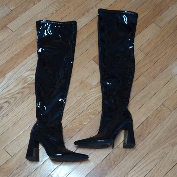 Zara Glossy Black Over the Knee Boots - Picture 4 of 9
